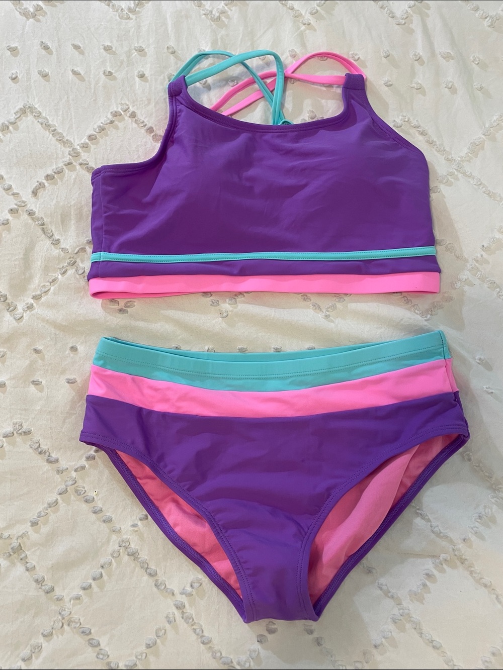 Girls' Purple Two-Piece color block Swim Set with Pink & Teal Accents new